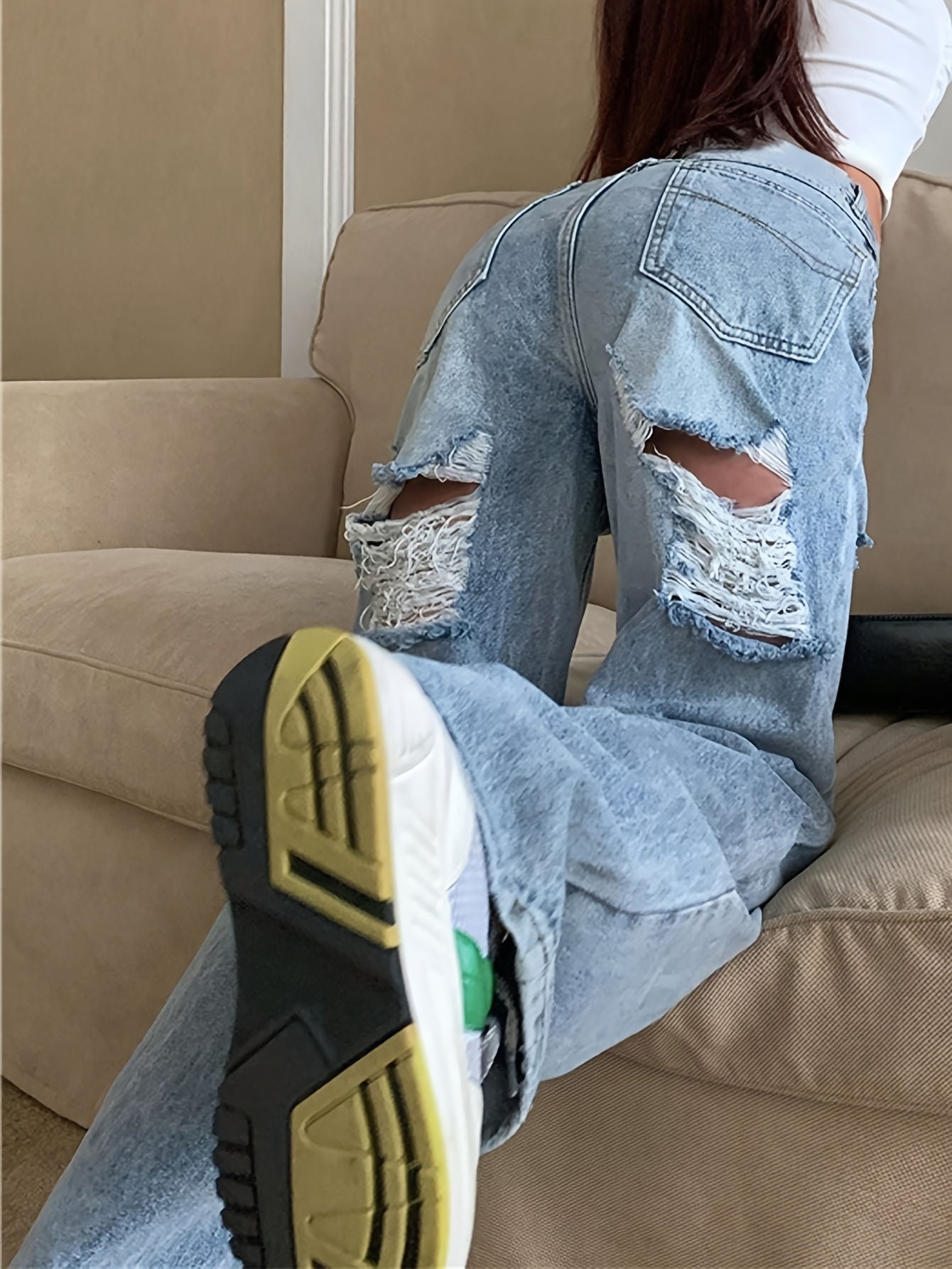 Women's High-Rise Straight Leg Ripped Jeans - Distressed Denim in Light Wash, Casual Street Style for Parties, Travel & Casual Attire